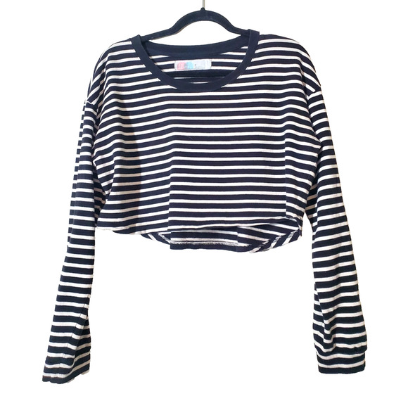 Free People Women’s Medium Black & White Striped Crop Top Long Sleeve Cotton - Picture 1 of 9